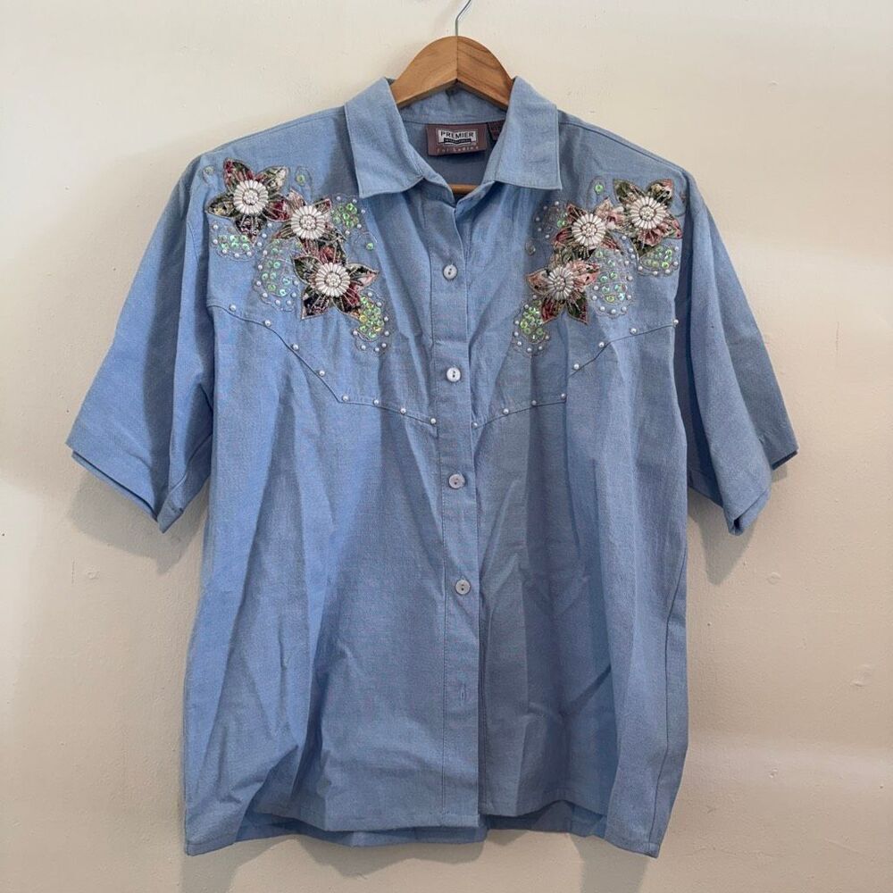 Vintage Western Beaded Short Sleeve Blue Button Down Size Small